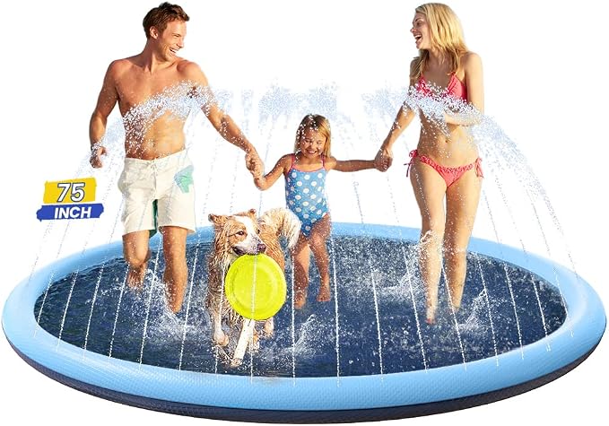 PETOCAT Splash Pad Non-Slip Dogs Cool Sprinkler Pool Extra Large Splash Pads for Kids Dog Baby Wading Pool Summer Outdoor Play Water Fun Toy Gift Easy to Use/Clean 75 inch