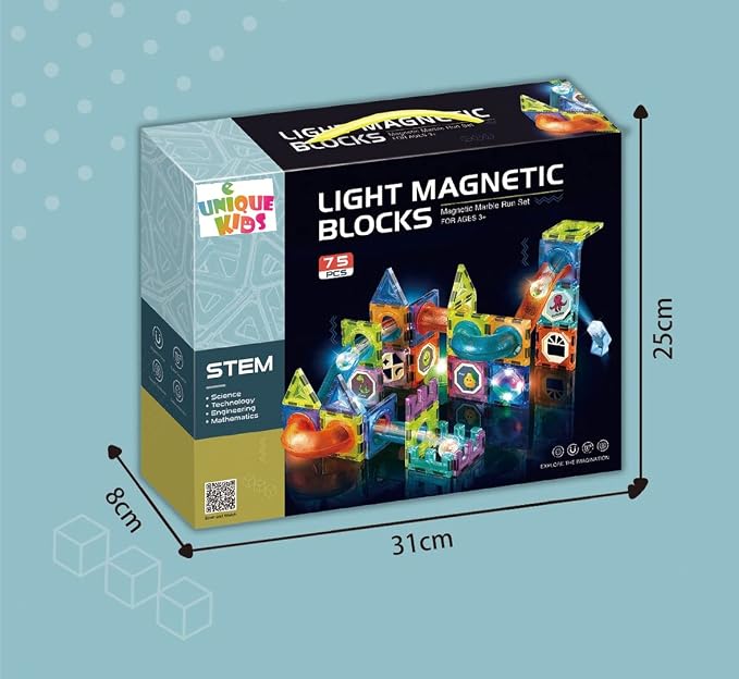 UNIQUE KIDS Magnetic Tiles Building Blocks with Light-Up Marble Run & LED Ball - STEM STEAM Toys for Kids Ages 3-10+ Boys Girls Birthday Gift (75 PCS)