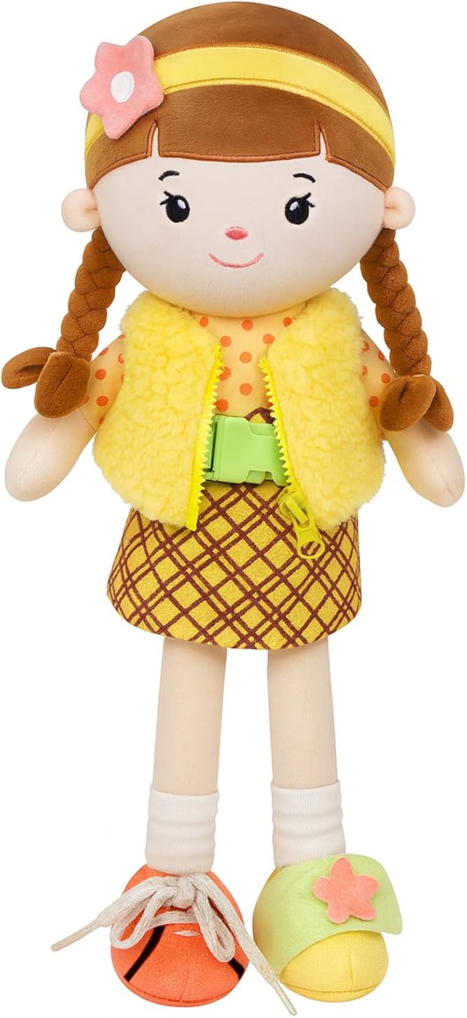 Soft Baby Doll Toys,16 inch Educational Plush Doll for Girls Learning Sensory Montessori Toy Birthday Gifts Cuddly Plush Toys for Toddler Kids (Yellow)