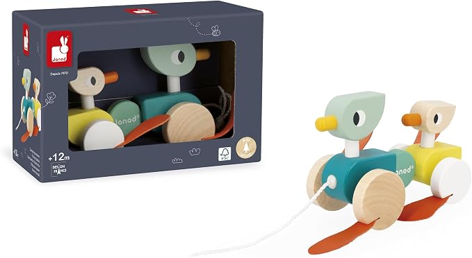 Janod Zigolos Pull Along Duck Family Early Learning and Motor Skills Toy with Flapping Feet Made of Beech and Cherry Wood for Ages 12 Months