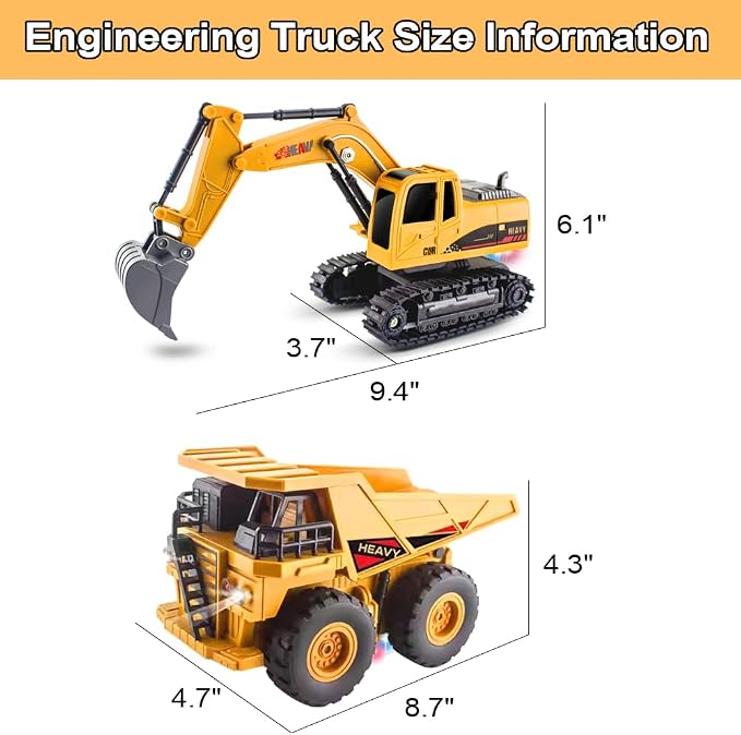 RC Excavator and Dump Truck Toy Set for Kids, 2.4Ghz 11 Channel Dual Control Remote Control Construction Vehicle with Light, Sound, Music & Auto Demo, Christmas Birthday Gifts for Boys Girls Ages 3-8