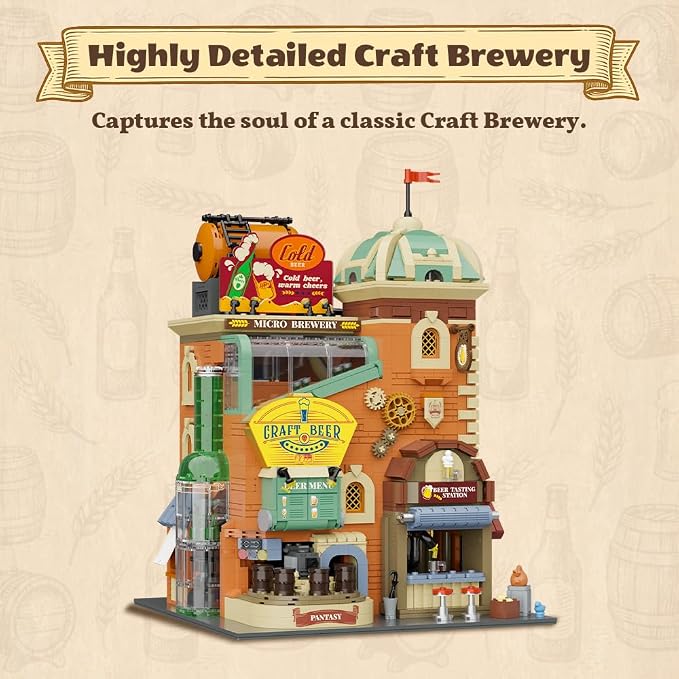 PANTASY Craft Beer Brewery Building Set for Adults – Vintage Microbrewery Factory Model with Modular Architecture, Dynamic Mechanisms, Self-Developed Minifigures & Display-Ready Design