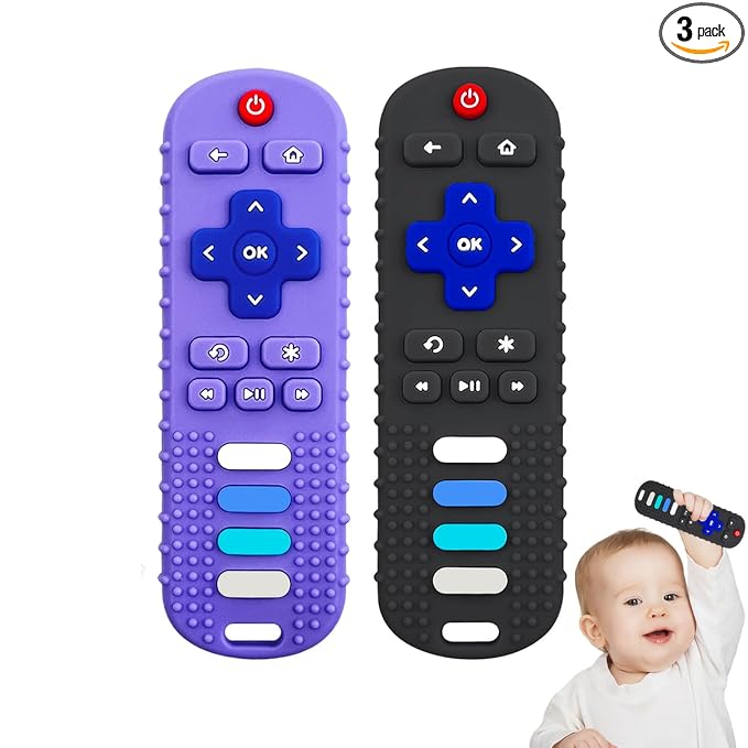 YAPROMO 2Pcs Teething Toys, Baby Remote Toy Teethers, Silicone Toy Remote Teethetr for Infant Toddler Kids/Boy/Girl, BPA Free and Refrigerator Safe