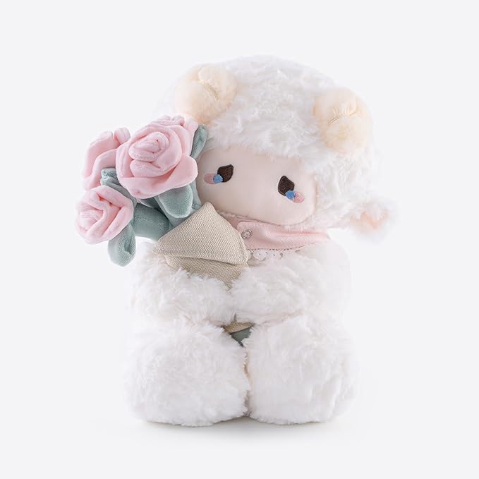 11.4" White Lamb Plush Stuffed Animal with Removable Bouquet of Pink Roses - Ultra Soft & Interactive Cuddly Toy Gift, A Surprise That Never Fades