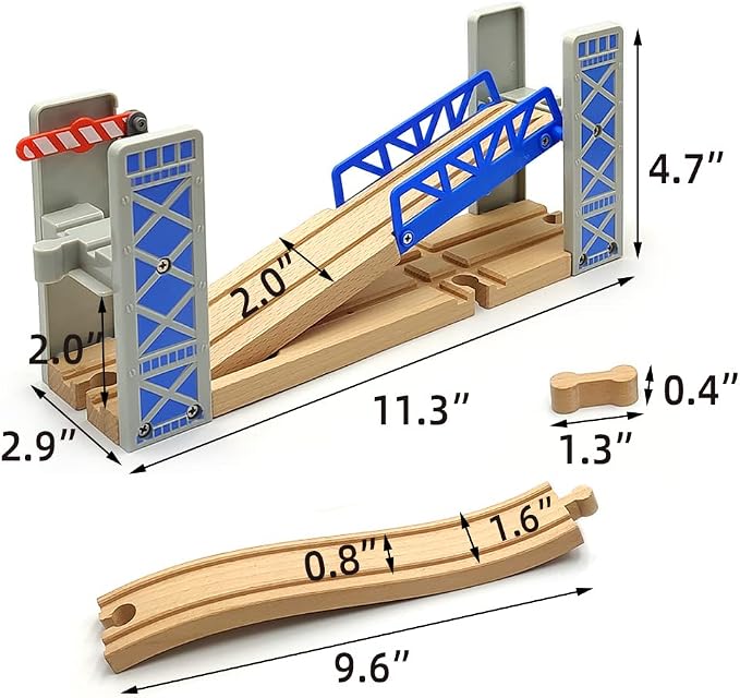 Lift Bridge Wooden Crane Toy Set with Train Cars - Compatible with Major Wooden Rail Brands - Ages 3-5