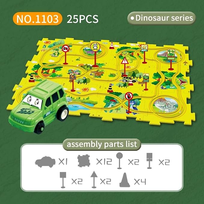 Christmas Stocking Stuffer 25PCS Puzzle Racer Kids Car Track Set, Dinosaur Puzzle Racer Car Track Set Puzzle Track Car Play Set Preschool Gifts for Kids Christmas Birthday Gift for Boys Girls