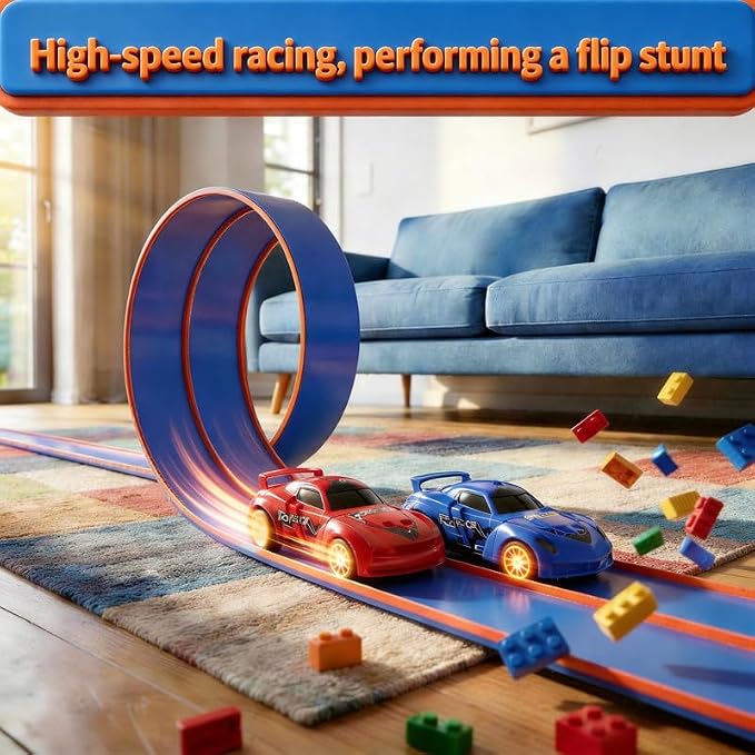 Flexible Tracks 15 Ft Flex Race Car Track for Kids Toy-DIY Car Track Set with 1/64th Rebound Cars Portable Rolls Up Race Tracks with Strong Suction Cups-Great Gifts Toys for Boys Girls Ages 3+