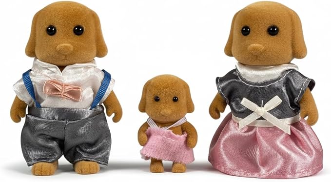 Family Brown Dog Figures — Set of 3 Collectible Flocked Mini Dolls with Removable Clothes, Dollhouse Pretend Play Set for Kids Ages 3+