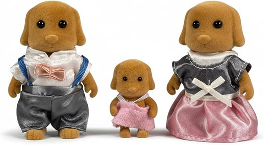Family Brown Dog Figures — Set of 3 Collectible Flocked Mini Dolls with Removable Clothes, Dollhouse Pretend Play Set for Kids Ages 3+