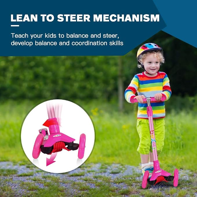 BELEEV Scooters for Kids 3 Wheel Kick Scooter for Toddlers Girls Boys, 4 Adjustable Height, Lean to Steer, Light up Wheels, Extra-Wide Deck, Easy to Assemble for Children Ages 3-12