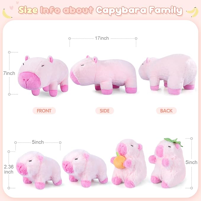 SuzziPals 5-in-1 Pink Capybara Plush with Babies Inside, 5Pcs Set Capybara Stuffed Animal with Mommy & 4 Babies, Cute Plush Pillow Decor, Cute 3 to 8 Year Old Girl Gift, Imaginative Toy (Capibara)