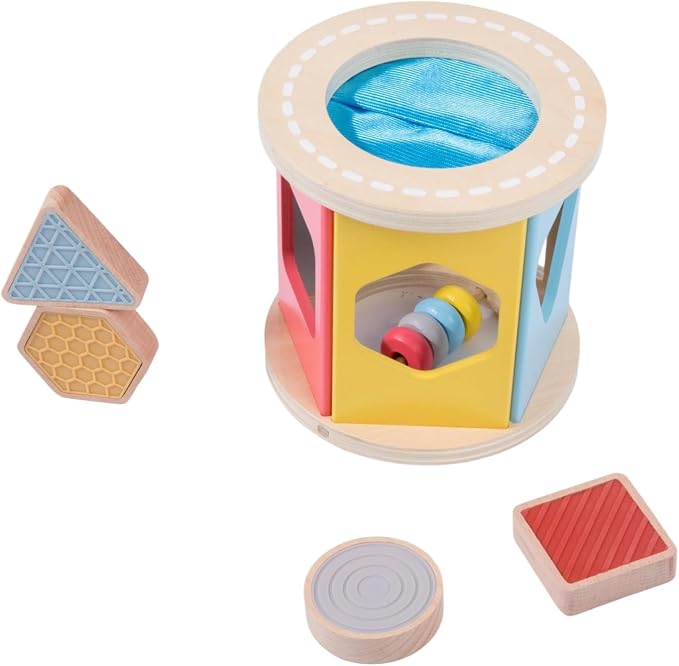 Montessori Toys for 1 Year Old, Wooden Rolling Shape Sorter‒4 Pcs Silicone Sensory Blocks, Developmental Learning Toy for Baby 12 Months, Color Sorting Activity for Toddlers Boys & Girls