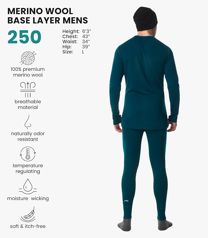 Merino.tech Merino Wool Base Layer Mens Set - Heavyweight, Midweight, Lite Merino Wool Thermal Underwear For Men Top, Bottom