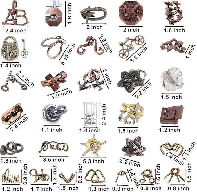AHYUAN 32Pcs Metal Brain Teaser Puzzles 3D Cast Steel Teasers Puzzle for Kids Teens Magic Puzzles Games Toys IQ Education Smart Logic Test Toy Fidget Toys Party Favors for Kids Adults Challenge