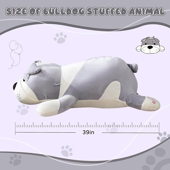 Giant Gray Bulldog Plush Stuffed Animal – 39 Inch Jumbo Dog Plush Toy,Cute Plushy for Girls & Kids,Valentine's Day Gift