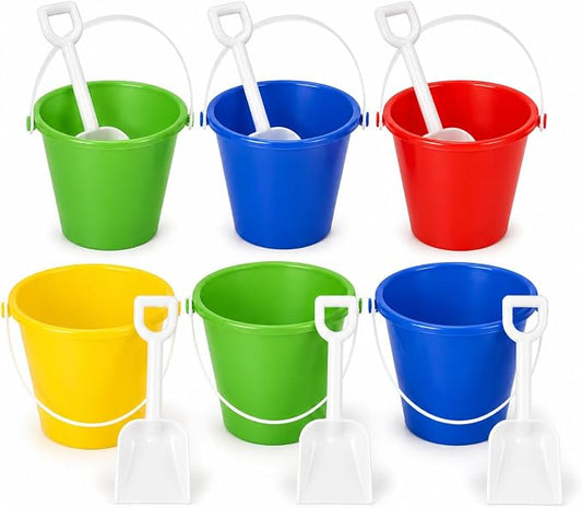 The Dreidel Company Beach Day Playsets (Pack of 6) 5.5" Sand Bucket Play Set Box Includes, 1 Pail, 1 Shovel Toy for Boys and Girls Birthday Party Favor