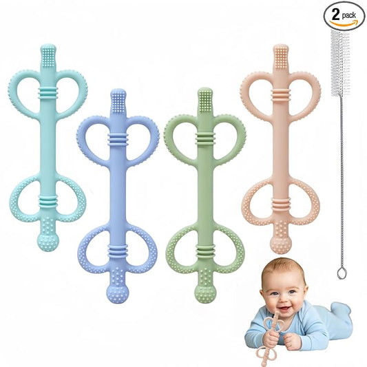 4 Pack Baby Teething Toys, Heart-Shaped Easy-Grip Silicone Teething Sticks, BPA-Free Multi-Texture Teething Tubes, Sensory Chew Toys to Soothe Gums 3-36 Months with Cleaning Brush