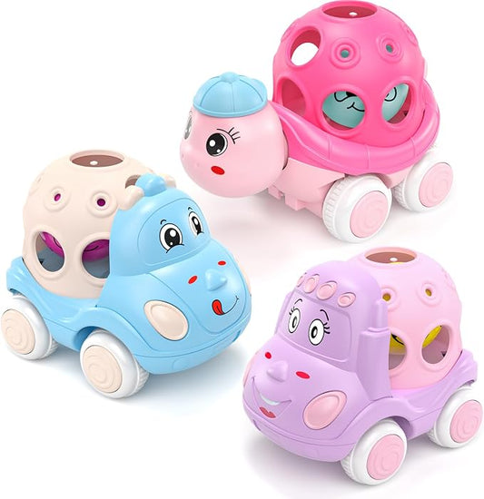 BeAndge Baby Girl Toys Gifts for 1 2 Year Old Girls, Pink Cars for Babies 6-12 12-18 Months, Push and Go Trucks for Toddlers, Soft Rattle Toys for One 1+ Infants First Birthday Easter Gifts