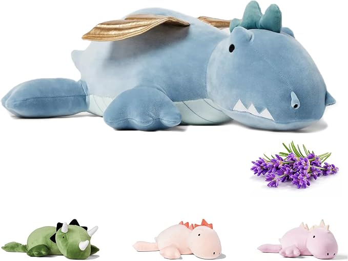 KOWSI® Microwavable Heating Pad Blue Winged Dragon Plush - 1.4 Lb Weighted Stuffed Animal Toy with Tourmaline Beads & Lavender - 16" Squished Long Dinosaur Pillow - Lumbar Back Cushion Lasting Warmth