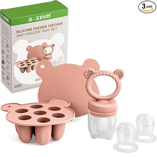 JEXFUN Baby Breastmilk Popsicle Molds & Baby Fruit Food Feeder Pacifier Combo, BPA Free Silicone Nibble Freezer Tray Storage Containers Teething Toys for Safe Infant Self Feeding, 4 Month+(Orange)