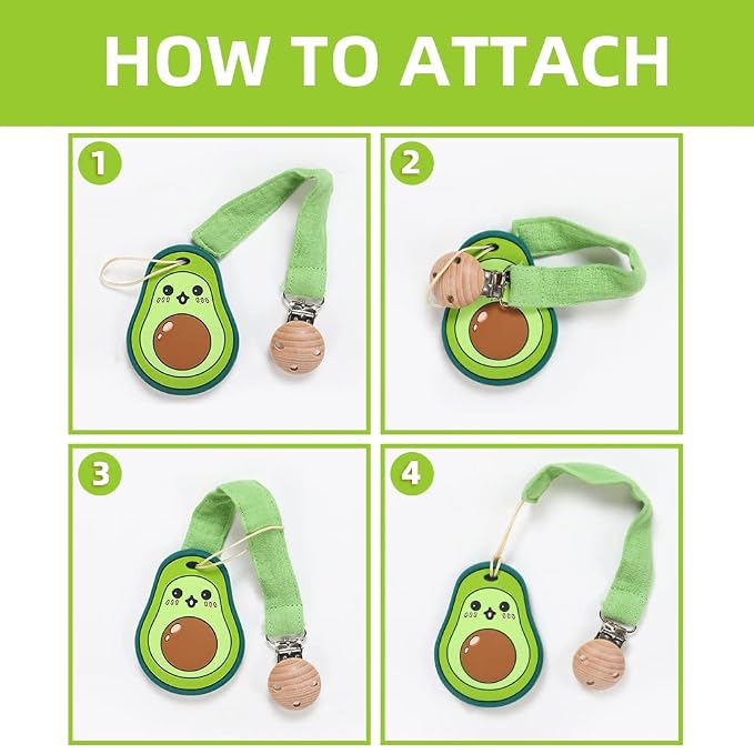 Baby Food Grade Silicone Teether Toy with Pacifier Clip Holder,Teething Pain Relief Toys Gift Set for 3 Months+ Boys and Girls,Freezer Safe,BPA Free (Avocado)