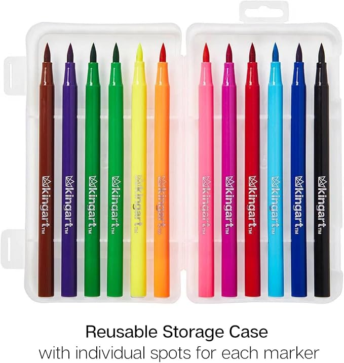 KINGART Watercolor Brush Marker Set – 12 Vivid Colors – Flexible Nylon Tips for Sketching, Drawing, Calligraphy, & Painting – Reusable Storage Case Include