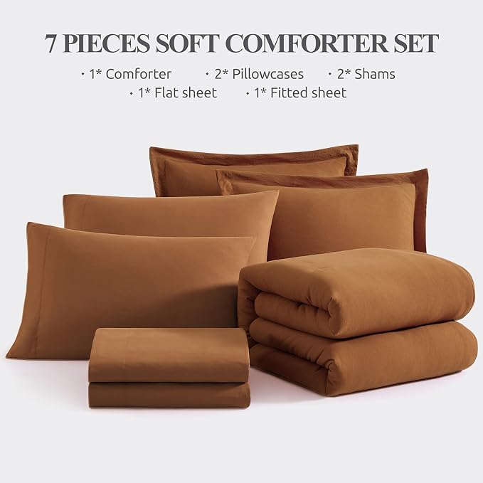 WRENSONGE Super King Comforter Set- 7 Pieces Terracotta Bed in a Bag Super King with Fitted Sheet, Flat Sheet, 2 Shams, and 2 Pillowcases- Warm Bedding Sets for All Season