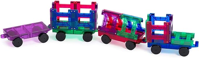 Playmags Magnetic Tiles Train Set, 20 Piece Accessory Set Includes 4 Trains, Stronger Magnets, Building Blocks Add-On, STEM Toys for Kids.