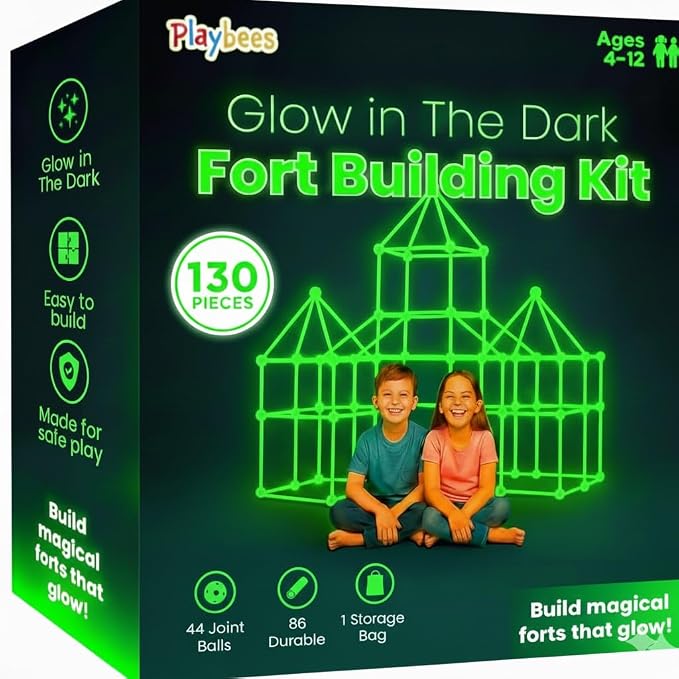 Playbees Glow in The Dark Fort Building Kit – 130 PCS STEM Toy for Kids Ages 4–12 – Build Tents, Castles & Rockets – Creative Building Set & Great Gift