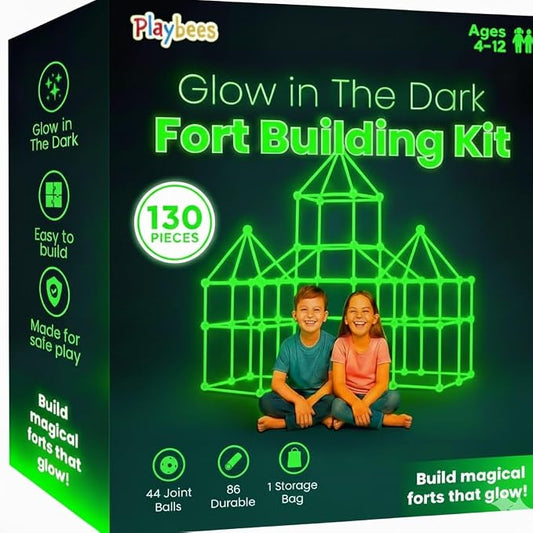 Playbees Glow in The Dark Fort Building Kit – 130 PCS STEM Toy for Kids Ages 4–12 – Build Tents, Castles & Rockets – Creative Building Set & Great Gift
