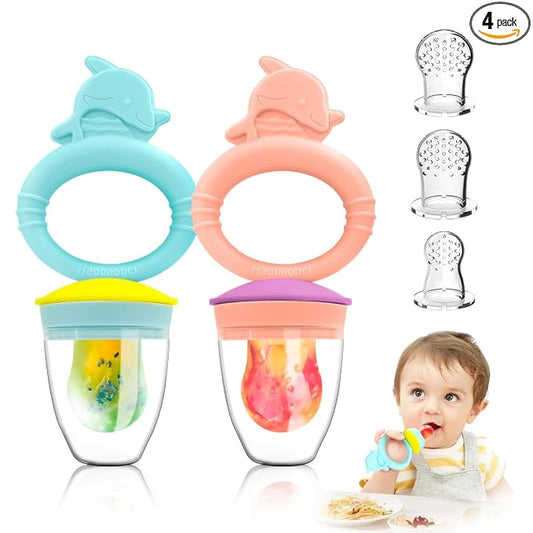 Baby Solids/Frozen Fruit Feeder Pacifier, Infant Teether Toy 4M+, BPA-Free Silicone Pouch & Nipple, Safely Introduce Solids, Teething Relief, 2-Pack