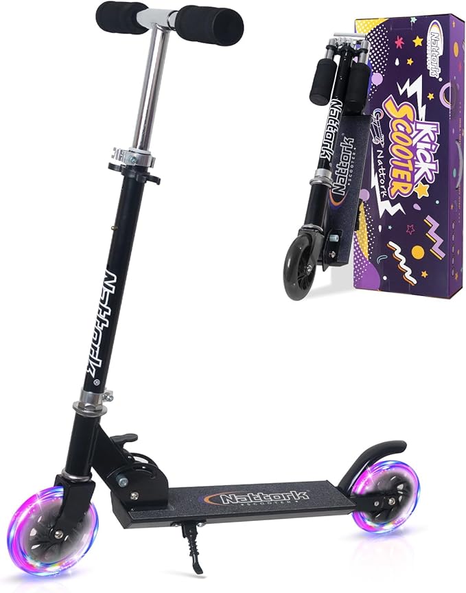 Nattork Scooter for Kids Ages 3-8 – Kick Kids Scooters for Girls & Boys Light up Wheels Portable Lightweight Folding Design with Reducing System and Adjustable Height Handlebars and up to 110 Lbs
