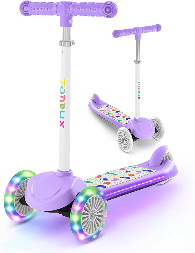 TONBUX Kids Scooter for Ages 3-5, Toddler Scooter with Light-Up Deck and Wheels, Adjustable 4-Level Height 3-Wheel Scooters for Kids, Lean-to-Steer Design