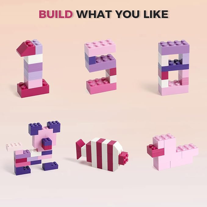 HUIZDQ 1500 Pieces Building Bricks, Building Bricks Set for Girls Age 6-7-8-12, Classic Bulk Small Blocks, Blocks Set (Pink Purple White)