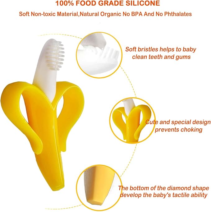 Banana Teether, Soothing Pain Relief Soft Silicone Train Baby Toothbrush, Teething Toys for Babies, Toddlers, Infants, BPA Free for Oral Hygiene, Food Grade, Soothes Babies Sore Gums
