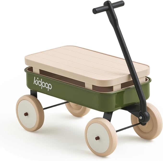 Kidpop Kids First Pull-Along Wagon with Removable Cover and Basket for Storage, 4-in-1 Push Pull Toy Cart for Toddlers, Lightweight (5.5 lbs), 1st Birthday Gift (Green)