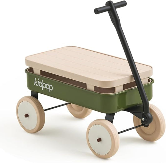 Kidpop Kids First Pull-Along Wagon with Removable Cover and Basket for Storage, 4-in-1 Push Pull Toy Cart for Toddlers, Lightweight (5.5 lbs), 1st Birthday Gift (Green)