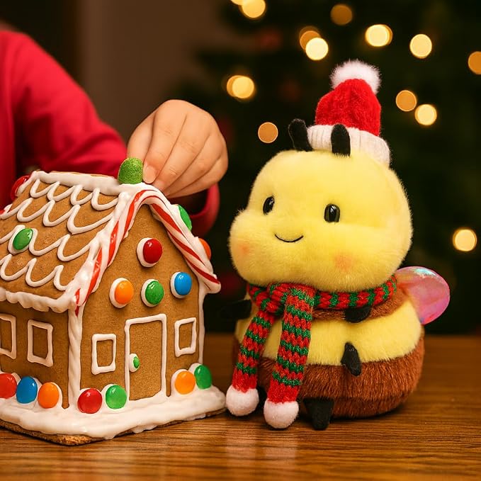 Christmas Bee Plush Toy - Chubby Cute Santa Bee with Knitted Hat & Scarf, Festive Stuffed Animal for Kids & Adults, Perfect Decor (8 inch)
