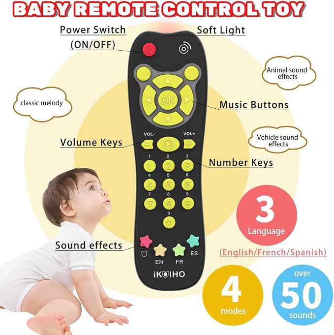 Baby Phone TV Remote Toy Set, Bilingual Play Phones Toy Remote for Baby with Music Light for 6+ Months, Early Learning Baby Toys Gift for 1 Year Old Boys Girls Toddler Infant, English/Spanish, Black