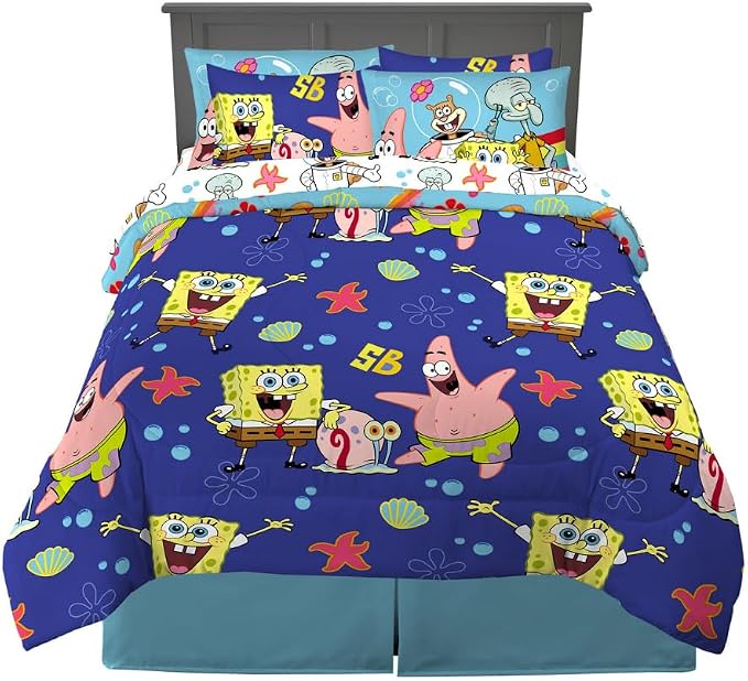 Spongebob Squarepants Kids Bedding Super Soft & Cozy Reversible Microfiber Comforter and Sheet Set with Sham, 7 Piece Queen Size, (Officially Licensed Product) By Franco