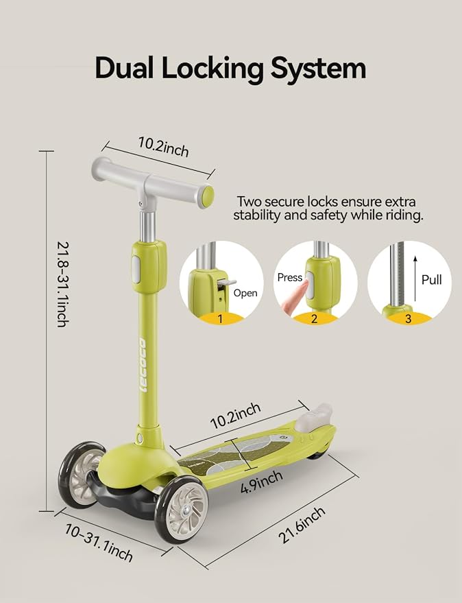 Kick Scooter for Kids Ages 2-14, 3 Wheel Scooter Adjustable Height Foldable Design, 3 LED Light Wheels, Rear Brake, Extra Wide Non-Slip Deck Kid Scooters for Boys and Girls