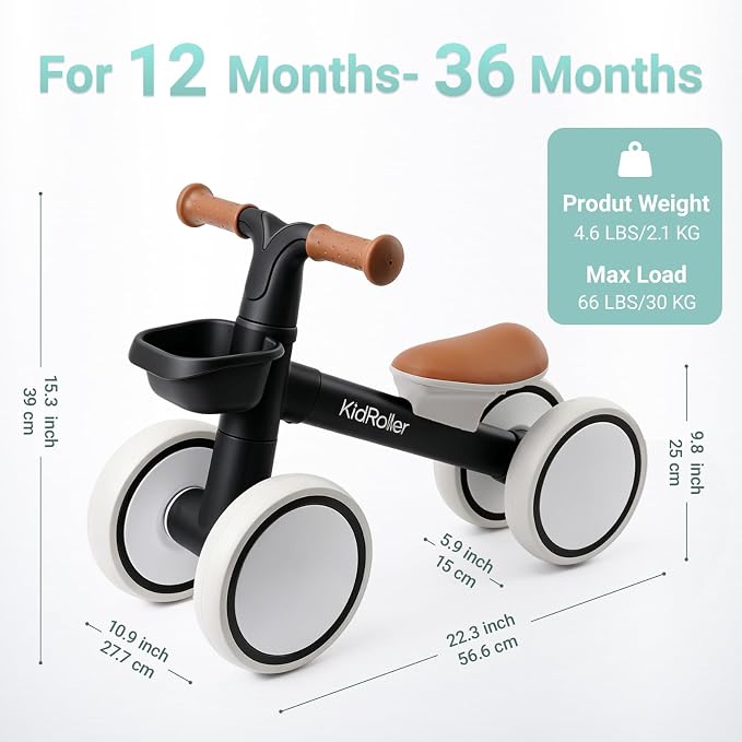 Kid's Balance Bikes for 1 Year Old Boys and Girls, 12-24 Months Toddler Ride-on with Adjustable Seat and a Front Basket, First Birthday Gifts Black