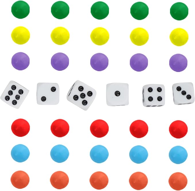 30 Wahoo Board Game Replacement Marbles 5 Each of 6 Colors, 6 Dice and a Play Bag for Wahoo Board Game.(0.55 inches)