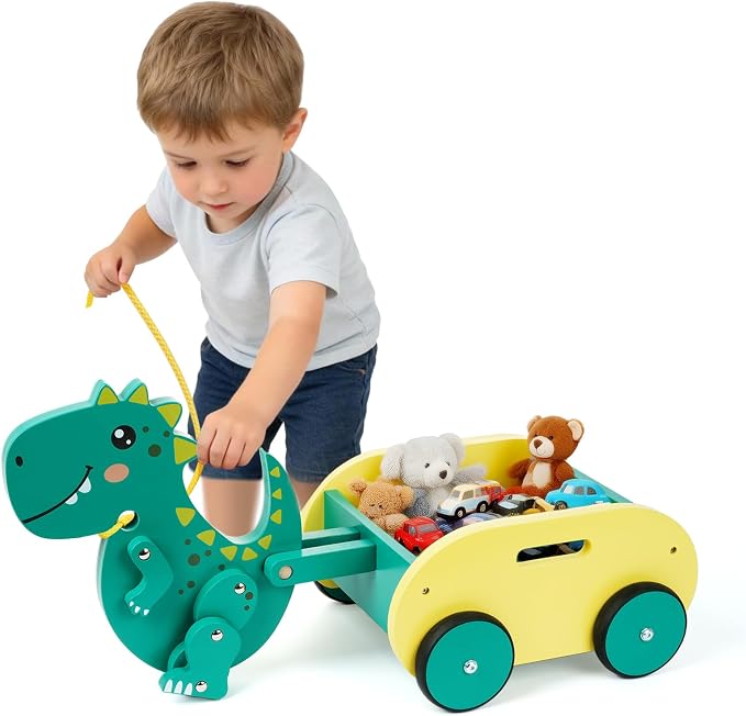 Wooden Walking Pull Along Wagon for Kids Dinosaur Toys Car Rolling Cart for Toddlers Montessori Toys Gift for 1 2 3 4 Years Old Boys Girls