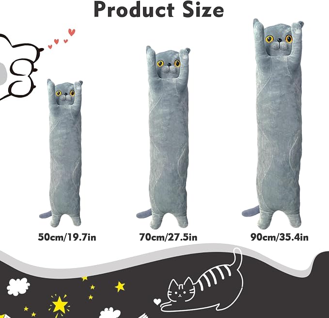 Long Cat Plush Pillow, 27.6in Cute Gray Cat Plushie Stuffed Animals Body Pillow, Kawaii Kitten Soft Plushie Doll Toy Birthday Gift for Children Girlfriend