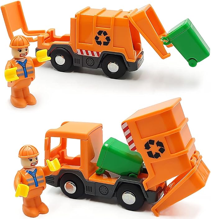 DSHMIXIA Garbage Mail Truck Small Toys Cars for 3 5 Year Old Boys Magnetic Couplings City Vehicle for Wood Train Set for Children Inside Outside Toys (City Set)