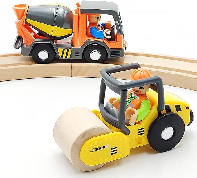 Wooden Train Cars Track Accessories Set Rescue Roller Truck and Mix Truck Toys Small Vehicles Magnetic Train Cars Fit for Wooden Train Track Railway for Boys and Girls (Engineering Set)