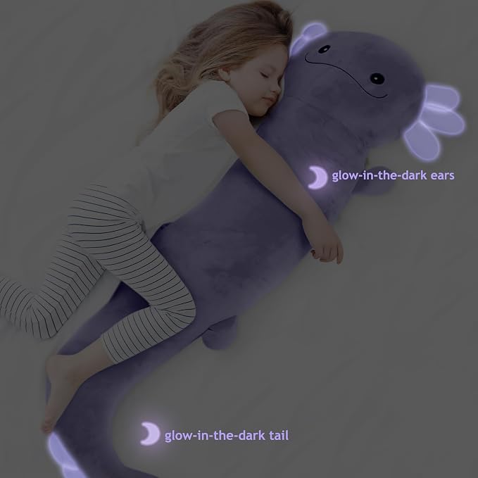 Tianmihou 48 Inch Giant Axolotl Stuffed Animal, Cute Plush Toy Purple Axolotl Body Pillow for Kids, Soft Salamander Glow in The Dark Plushie Gifts for Girls, Boys, Birthday