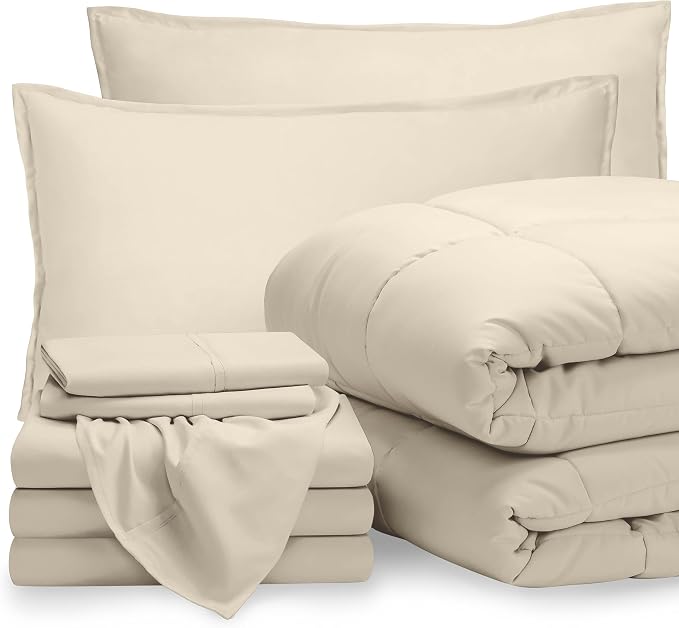 Bare Home Bed-in-A-Bag 8 Piece Comforter & Sheet Set - Split King - Goose Down Alternative - Ultra-Soft 1800 Premium Bedding Set (Split King, Sand/Sand)