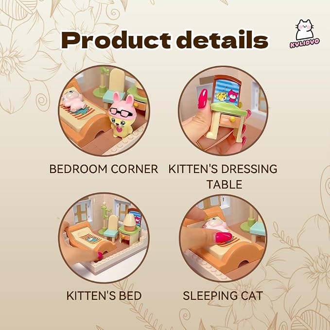 Koko's Cat Town DIY Miniature House Kit, Tiny White House Series Bedroom Building Kit, Purrfect Dollhouse with 251PCS, Cat Toys Gift for Girls Boys Teens Kids Ages 3+